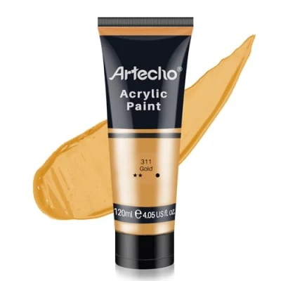 Abbildung von Artecho Acrylfarbe Gold 120 ml, Wasserfest und Lichtecht, Schnell Trocknend, für Leinwand, Holz, Stoff, Handwerk, Leder Stein.