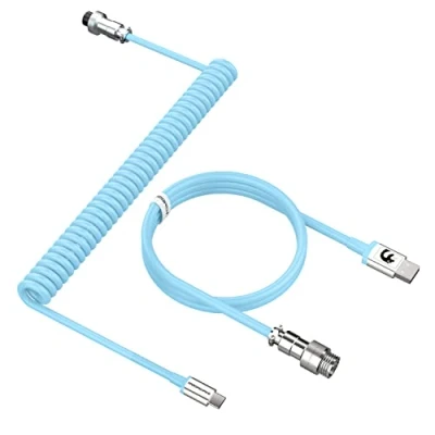 Abbildung von MAMBASNAKE C01 Spiral Tastaturkabel, Pro Custom Coiled USB C Kabel für Mechanische Tastatur, Typ auf A mit Abnehmbarem Metall Luftfahrtstecker,TPU Gaming Tastatur PC Mac Computer Blau