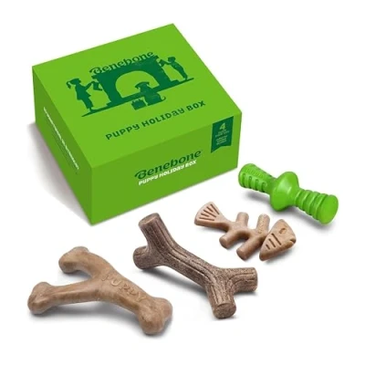Abbildung von Benebone Puppy Unzerstörbare Hundekauspielzeug Geschenkbox für Aggressive Kauer mit Querlenker, Fischgräten, Stock &amp; Zaggler, lang anhaltende Langeweile Brecher, Aromen, Welpen,