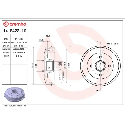 Abbildung von BREMBO 14.B422.10 Bremstrommel mit Radlagersatz 203,1 CITROËN: C3 II, C Elysée Limousine, DS3 Schrägheck, PEUGEOT: 208 I Schrägheck