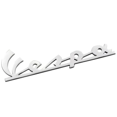 Abbildung von Schriftzug Emblem für Beinschild kompatibel &quot;Vespa&quot; chrom 120x35mm, 2 Pin