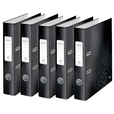 Abbildung von Leitz Qualitäts Ordner 180, 5er Pack, A4, schmal, 5,2 cm Rückenbreite, laminierte Graupappe, Schwarz, WOW Serie, 10064095