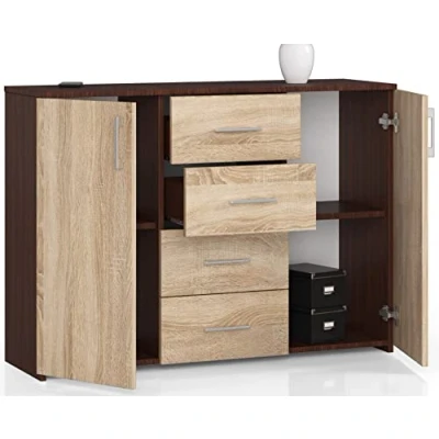 Abbildung von Kommode mit 4 Schubladen und Zwei Türen, Sideboard, Multifunktionsschrank, Wohnzimmer, Esszimmer 110x80x35cm VIELE Farbe! (Venga/Eiche Sonoma), One size
