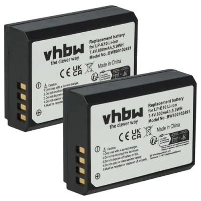 Abbildung von vhbw passend für Canon EOS 1100D, 2000D, 1200D, 4000D, 1300D, Kiss X70, Kamera Akku Li Ion 800 mAh (7,2 V)