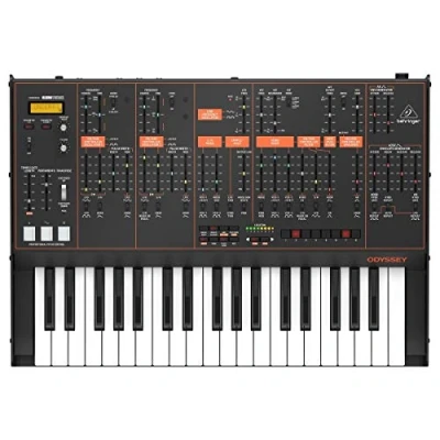 Abbildung von Behringer ODYSSEY Analog Synthesizer mit 37 Tasten in voller Größe, zwei VCOs, 3 Wege Multimodus VCFs, 32 Schritt Sequenzer, Arpeggiator und Klark Teknik FX
