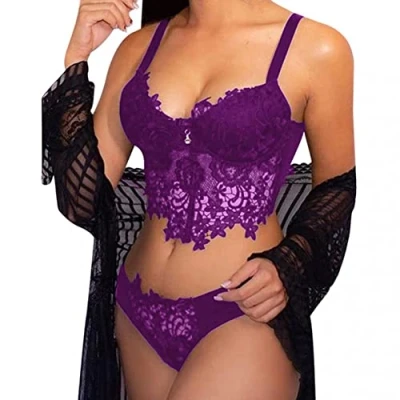 Abbildung von pitashe_Bekleidung Dessous Set Damen Tiefer V Ausschnitt Halfter Spitze Reizwäsche Negligee Babydoll Unregelmäßiger Hem Nachtwäsche Nachthemd Lingerie Nachtkleid G String Sleepwear, XL