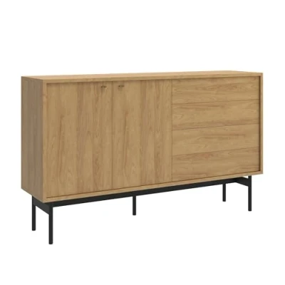 Abbildung von Selsey Kommode Aufbewahrungsschrank 2 Türen 4 Schubladen Schrank Schubladenschrank Push to Open 154 cm Olar Hickoryholz Natur