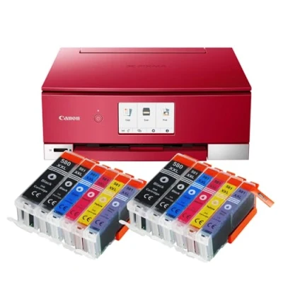 Abbildung von IC Office TS8352a Farbtintenstrahl Multifunktionsgerät All in One 3 1 (Drucker, Scanner, Kopierer, CD Druck, USB, WLAN, Apple AirPrint, SD Karte) Rot + 12 XXL Tintenpatronen