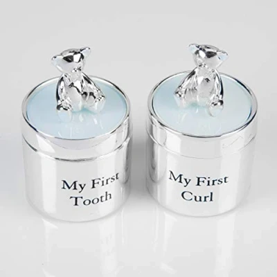 Abbildung von Versilbertes Geschenk Set mit Teddybären, Aufschrift „My First Tooth and My Curl“