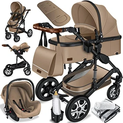 Abbildung von KESSER® Loops 3 in 1 Kinderwagen Kombikinderwagen Komplett Set inkl. Babywanne &amp; Buggy Sportsitz Auto Babyschale Voll Gummireifen Wickeltasche Regenschutz Kindertisch ECE R129, Beige/Schwarz