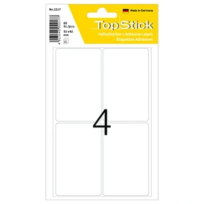Abbildung von TopStick 2217 Vielzweck Etiketten, 60 Stück, 52 x 82 mm, 4 pro Bogen, selbstklebend, Haushaltsetiketten zum Beschriften, matt, blanko Papier Klebeetiketten Aufkleber, weiß