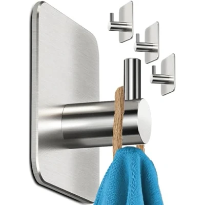 Abbildung von Menz Handtuchhalter ohne Bohren, 4 Haken im Set Wasserfeste Klebehaken, Edelstahl Handtuchhaken für Bad, hochwertige selbstklebend, Badezimmer mit hoher Tragkraft
