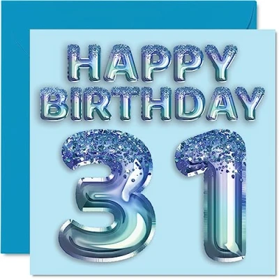 Abbildung von Stuff4 Geburtstagskarte zum 31. Geburtstag für Männer Blauer Glitzer Partyballon Happy Birthday Karten 31 Jahre alten Mann, Bruder, Freund, Onkel, Vater, 145 mm x