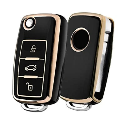 Abbildung von OATSBASF Autoschlüssel Hülle VW, vw Golf Schlüsselbox,Schlüsselhülle Cover für Polo Passat Skoda Seat 3 Tasten (Goldener Rand Schwarz)