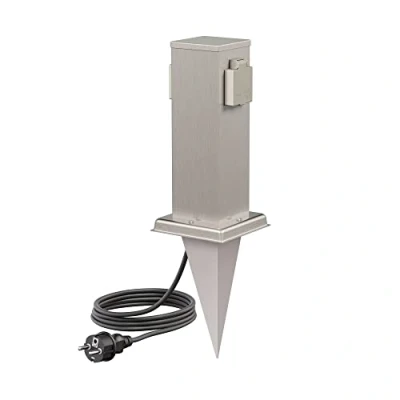 Abbildung von ledscom.de Garten Steckdosen Säule Polly mit Erdspieß und 2m Kabel für außen, IP44, 2 Fach, Edelstahl, eckig, 27cm