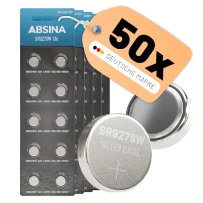 Abbildung von ABSINA SR 927 SW Uhren Knopfzelle 1,55V Silberoxid 5X 10er Pack Uhrenbatterie 395/399 / AG7 LR927 SR927SW auslaufsicher &amp; Lange Haltbarkeit SR927SW,