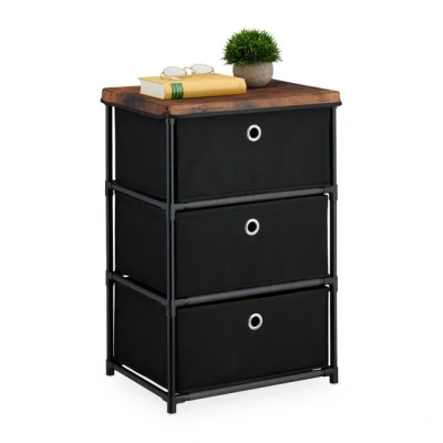 Abbildung von Relaxdays Kommode, 3 Stoffschubladen, Metall, Holzoptik, 65x43x33 cm, Wohnzimmer, Flur, Beistellkommode, schwarz/braun