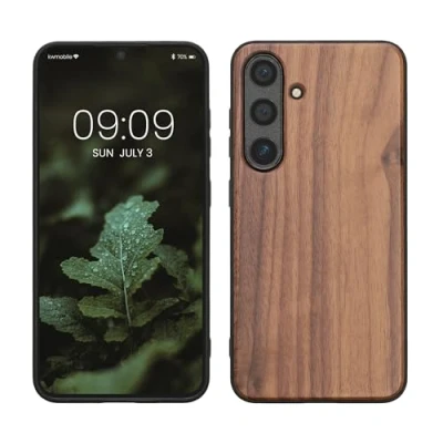 Abbildung von kwmobile Hülle kompatibel mit Samsung Galaxy S24 Holz Case stoßfestes Handy Cover TPU Handyhülle in Dunkelbraun
