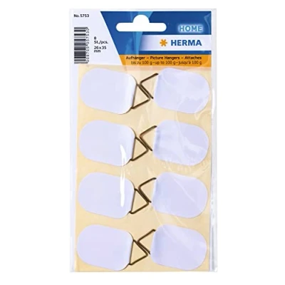 Abbildung von HERMA 5753 Bildaufhänger zum Kleben weiß klein, 8 Stück, 26 x 35 mm, selbstklebend, Drahtseil Bildaufhängung ohne Bohren für die Wand, starke Papier Draht Aufhänger Bilder Bilderrahmen bis 100 g