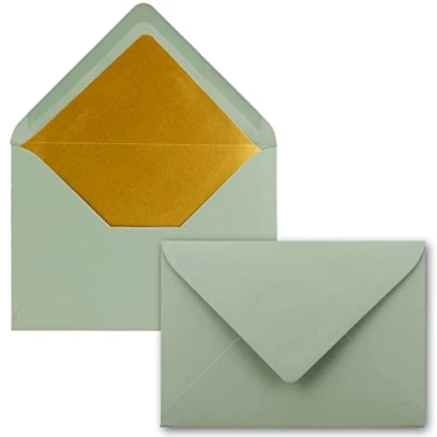 Abbildung von 75x Briefumschläge B6 mit Gold Innenfutter 12,5 x 17,6 cm Eukalyptus gefüttert metallic Papier Nassklebung FarbenFroh by GUSTAV NEUSER