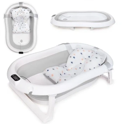 Abbildung von Moovkee. Babybadewanne Faltbar mit Thermometer und Badekissen 80 cm Babywanne, Faltbare Babybadewanne, Wanne für Baby 0 6 12 Monate, Kinder