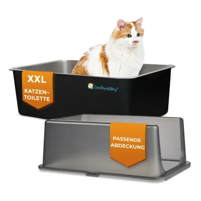 Abbildung von Lucky Kitty Katzentoilette XXL Katzenklo aus Edelstahl mit Deckel absolut auslaufsicher, in weiß oder schwarz, große Katzentoilette, geruchsfrei, 60x40x20 cm
