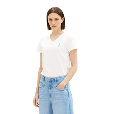 Abbildung von TOM TAILOR Damen 1036889 T Shirt mit Stickerei, 10315 Whisper White, M