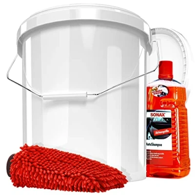 Abbildung von detailmate Auto &amp; Motorrad Wasch Set: SONAX Autoshampoo Konzentrat 2L + Wascheimer mit passendem Deckel Mikrofaser Chenille Waschhandschuh