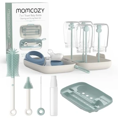 Abbildung von Momcozy 7 in 1 Babyflaschenbürsten Set, komplettes Flaschenreinigungsset mit Silikonbürste, Nippelbürste, Strohbürste, Seifenspender und Trockengestell, ideal für Zuhause Reisen