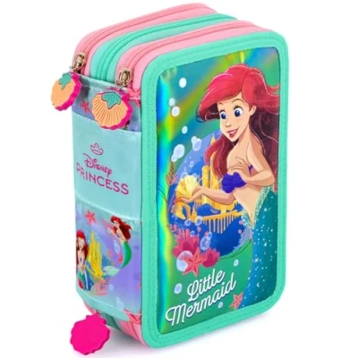 Abbildung von Clondo 3 Fach Federmäppchen für Arielle die Meerjungfrau Fan 45 teilig, komplett gefüllt mit 2 löschbaren Gelstiften, Schere, Kleber, Buntstiften ideal Schule &amp; als Geschenk