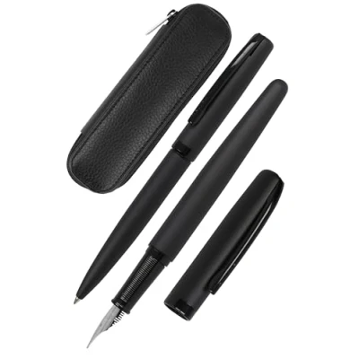 Abbildung von Online Schreib Set Eleganza Pure Black I enthält Kugelschreiber, Füller, Echt Lederetui 3 teilig in Geschenkbox Füllhalter für Standardpatronen Kulli mit Großraummine G2
