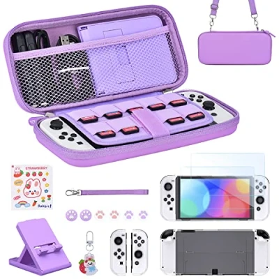 Abbildung von Younik Switch OLED Zubehör Bundle, 17 in 1 Kit für Mädchen enthalten Tragetasche, Verstellbarer Ständer, Schutzhülle Konsole &amp; J Con (lila)