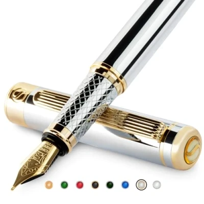 Abbildung von Scriveiner Silber Füllfederhalter Füller Edel mit 24 Karat Gold Finish, Schmidt 18 vergoldete Feder (Breit), Bestes Geschenk für Herren und Damen, Manager, Führungskräfte (Silber Chrom)