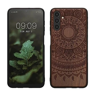 Abbildung von kwmobile Hülle kompatibel mit Samsung Galaxy A04s Holz Case Handy Cover TPU Handyhülle in Dunkelbraun Indische Sonne
