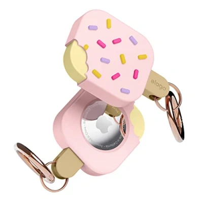 Abbildung von elago Ice Cream Hülle Kompatibel mit AirTag Case, Air Tag Schlüsselanhänger Fallschutz, Karabiner (Zum Aufspüren von Hunden, Schlüsseln) Ortungsgerät Nicht Enthalten (Erdbeere)
