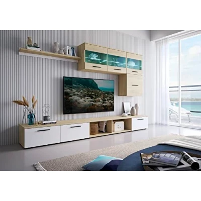 Abbildung von Skraut Home Wohnzimmermöbel Modell Paris Set aus Sideboard Regal und TV Schrank Nordischer Stil Mit LED Licht Melamin Weiß Eiche