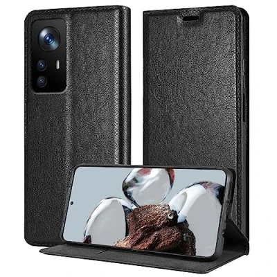 Abbildung von Cadorabo Hülle kompatibel mit Xiaomi 12T / PRO aus Premium Kunst Leder Flip Klappbare Stoßfeste Magnetische [Standfunktion] [Kartenfächern] Cover Case für Tasche in Schwarz