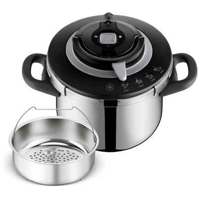 Abbildung von Tefal Schnellkochtopf Clipso+ CHEF, 6 Liter Dampfkochtopf, Edelstahl, 4 Kochprogramme, Sicherheitsstufen, abnehmbarer Timer