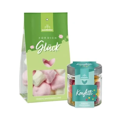 Abbildung von 2er Set Silvester Marshmallows Viel Glück 100g und Fruchtgummi Konfetti 120g Geschenk für Neujahr Gummibärchen deine Liebsten