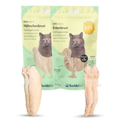 Abbildung von RumbleBox Sparbox 100% Hühner &amp; Entenbrust Gefriergetrocknete Katzensnacks, Monoprotein Leckerlis ohne Getreide und Zucker für Allergiker, NUR 1 ZUTATEN (2x50g)