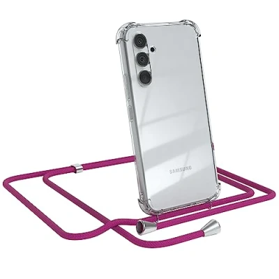 Abbildung von EAZY CASE Handykette kompatibel mit Samsung Galaxy A54, Schulterriemen, Handykordel klarer Hülle, Handyhülle zum Umhängeband Kordel Kettenkombination in Pink Clips Silber