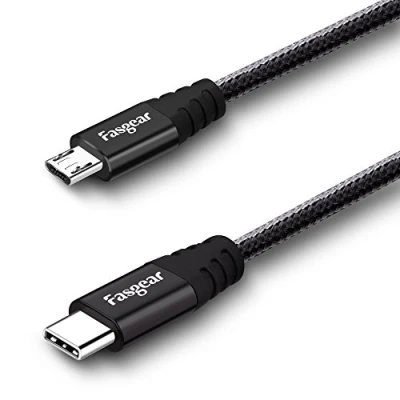 Abbildung von Fasgear USB C auf Micro Kabel [0,3 m] mit Nylon geflochtenes Typ Kompatibel Galaxy S7 / S7, HTC One 10 und mehr (Schwarz)