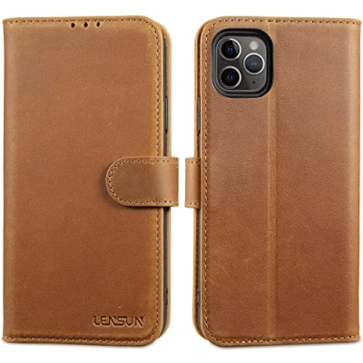 Abbildung von LENSUN Echtleder Hülle für iPhone 11 Pro Max, Handyhülle [Echtes Leder][Magnetverschluss][RFID Schutz] Handytasche Lederhülle Max Vintage Braun