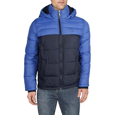 Abbildung von Tommy Hilfiger Herren Hooded Puffer Jacket Daunenalternativer Mantel, Königsblauer Block, XL