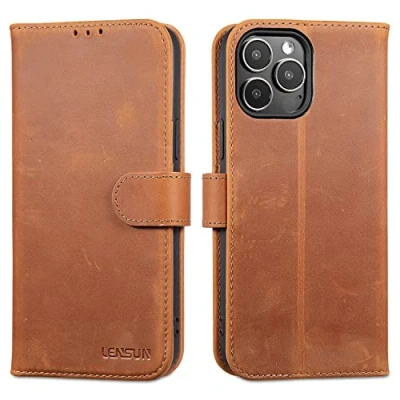 Abbildung von LENSUN Echtleder Hülle für iPhone 13 Pro Max 5G, Handyhülle [Echtes Leder][Magnetverschluss][RFID Schutz] Handytasche Lederhülle Vintage Braun