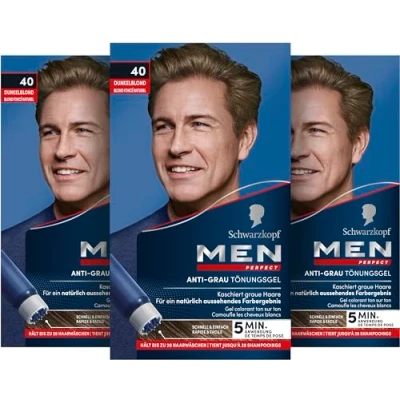 Abbildung von Schwarzkopf Men Perfect Anti Grau Tönungs Gel 40 Dunkelblond (80 ml), Haarfarbe für Männer blendet graue Haare aus, Tönung ein natürlich aussehendes Ergebnis