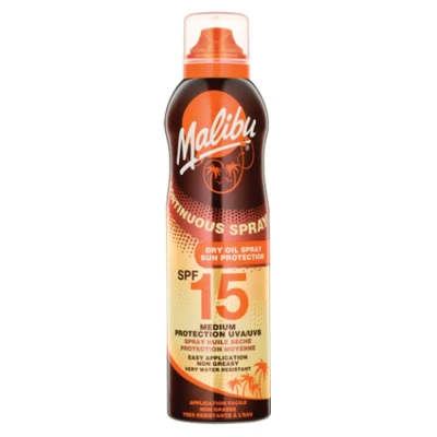 Abbildung von Malibu Medium Sun Protection Water Resistant Continuous Dry Oil Spray LSF 15 mit Sheabutter Extrakt, 175 ml
