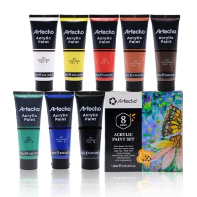 Abbildung von Artecho Acrylfarben Set Professional 8x120 ml, Acrylic Paint Set, Wasserfest und Lichtecht, Schnell Trocknend, Ideal für Leinwand, Holz, Stoff, Handwerk, Leder Stein.