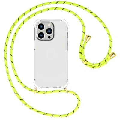 Abbildung von mtb more energy® Handykette kompatibel mit iPhone 15 Pro Neon Gelb gestreift/Goldfarbene Ösen Smartphone Hülle zum Umhängen Anti Shock Full TPU Case