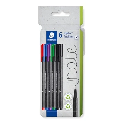 Abbildung von STAEDTLER triplus Fineliner 334, dreikant, superfeine, metallgefasste Spitze, ca. 0.3 mm, aus 97% Rezyklat, Made in Germany, Set mit 6 brillanten Farben im Kartonetui, 334 C6